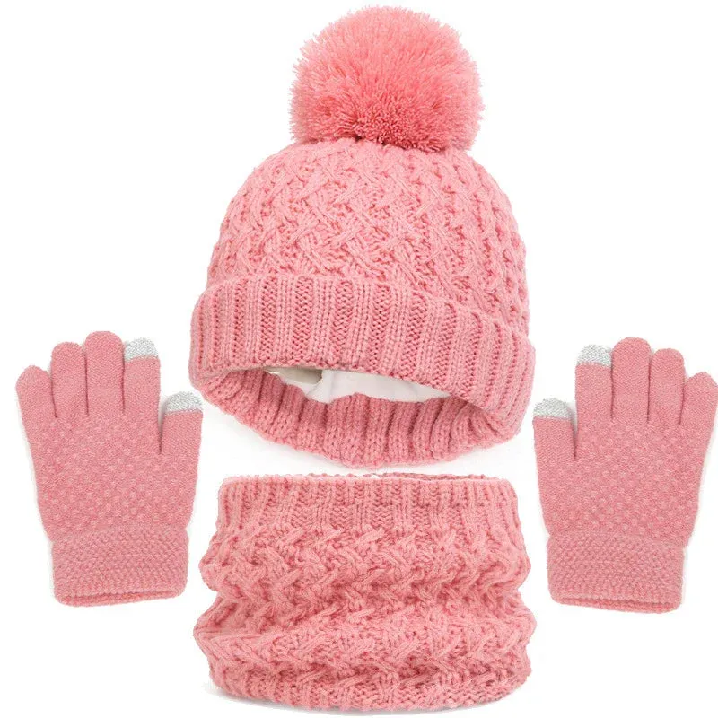 Toddlers Winter Warm Suits Knitted Hat Scarf and Gloves Set Solid Thermal Suit Boys Girls Caps Set Christmas Gift Winter Outfits