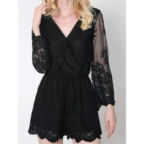 Trendy Flare Sleeve Laciness Wrap Romper For Women - Black S