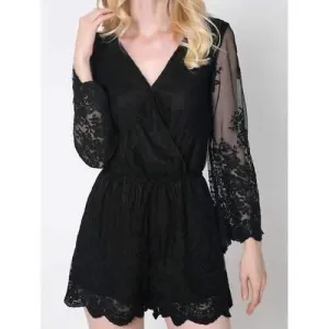 Trendy Flare Sleeve Laciness Wrap Romper For Women - Black S