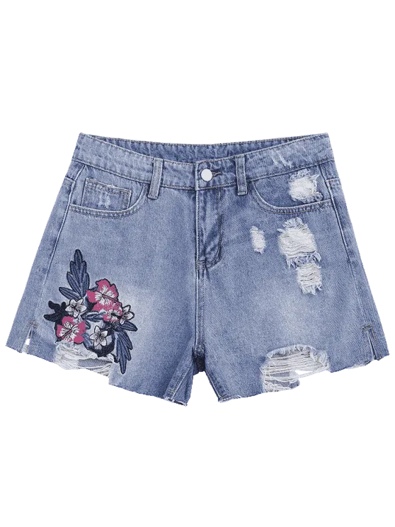 Trendy Floral Embroidered Destroyed Cutoffs Denim Shorts