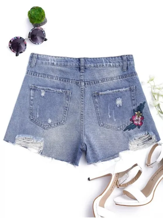 Trendy Floral Embroidered Destroyed Cutoffs Denim Shorts