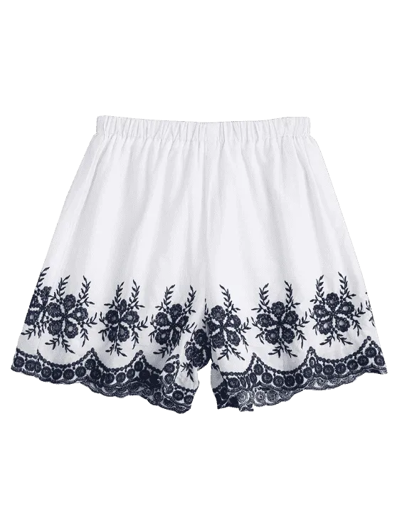 Trendy Floral Embroidered High Waisted Shorts