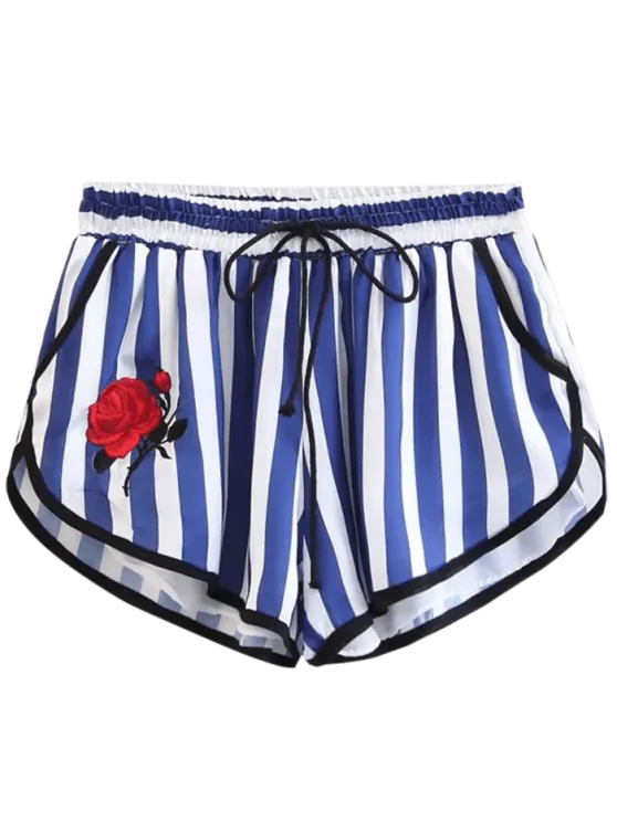 Trendy Stripes Floral Embroidered Drawstring Shorts