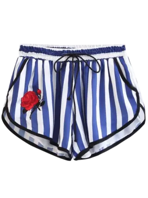 Trendy Stripes Floral Embroidered Drawstring Shorts
