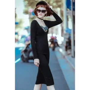 Trendy V Neck Long Sleeve Side Slit Women's Sweater Dress - Black M