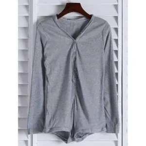 Trendy V Neck Long Sleeve Solid Color Button Design Women's Bodysuit - Gray 2xl