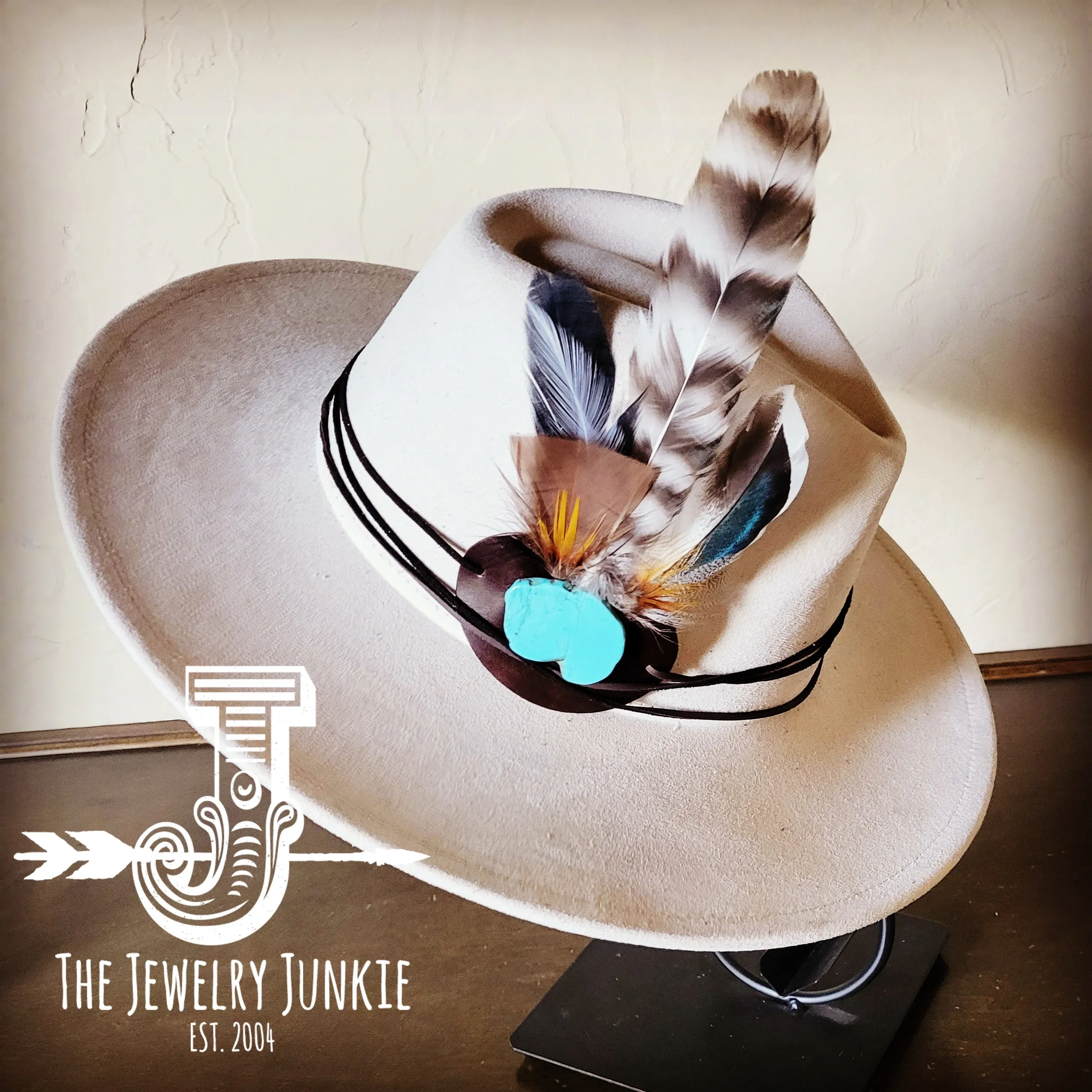 Turkey Feather & Turquoise Slab Hat Band   Choice of Hat 985z
