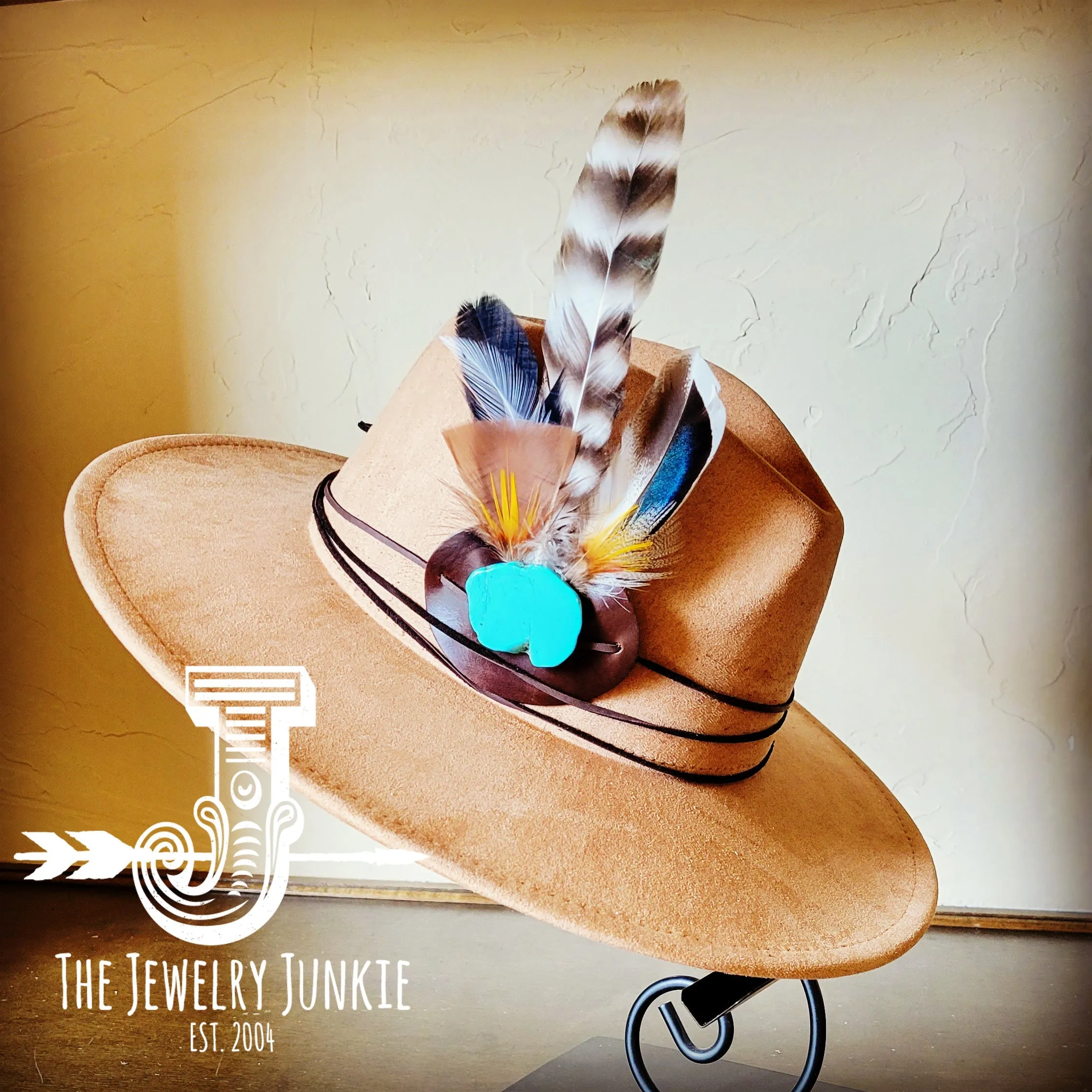 Turkey Feather & Turquoise Slab Hat Band   Choice of Hat 985z