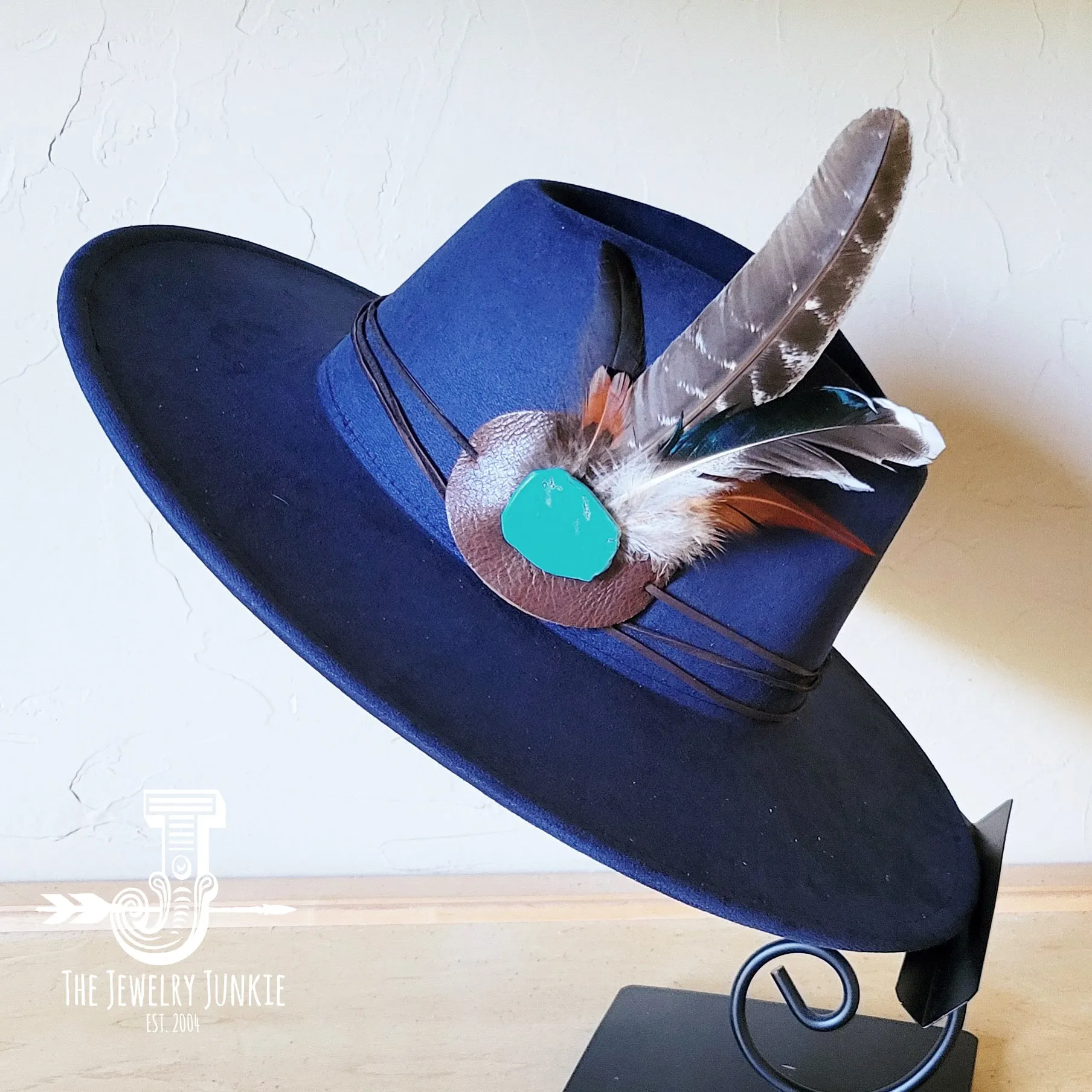 Turkey Feather & Turquoise Slab Hat Band   Choice of Hat 985z