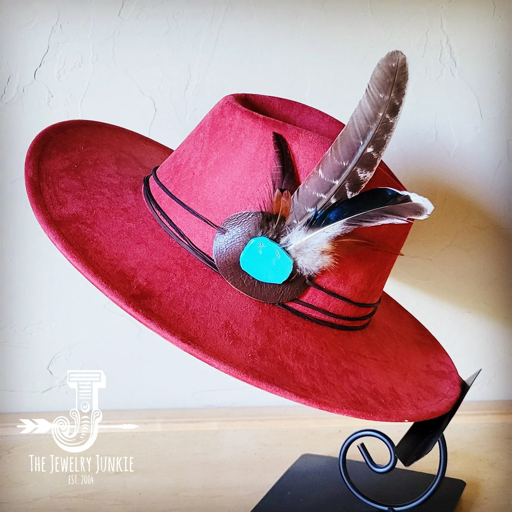 Turkey Feather & Turquoise Slab Hat Band   Choice of Hat 985z