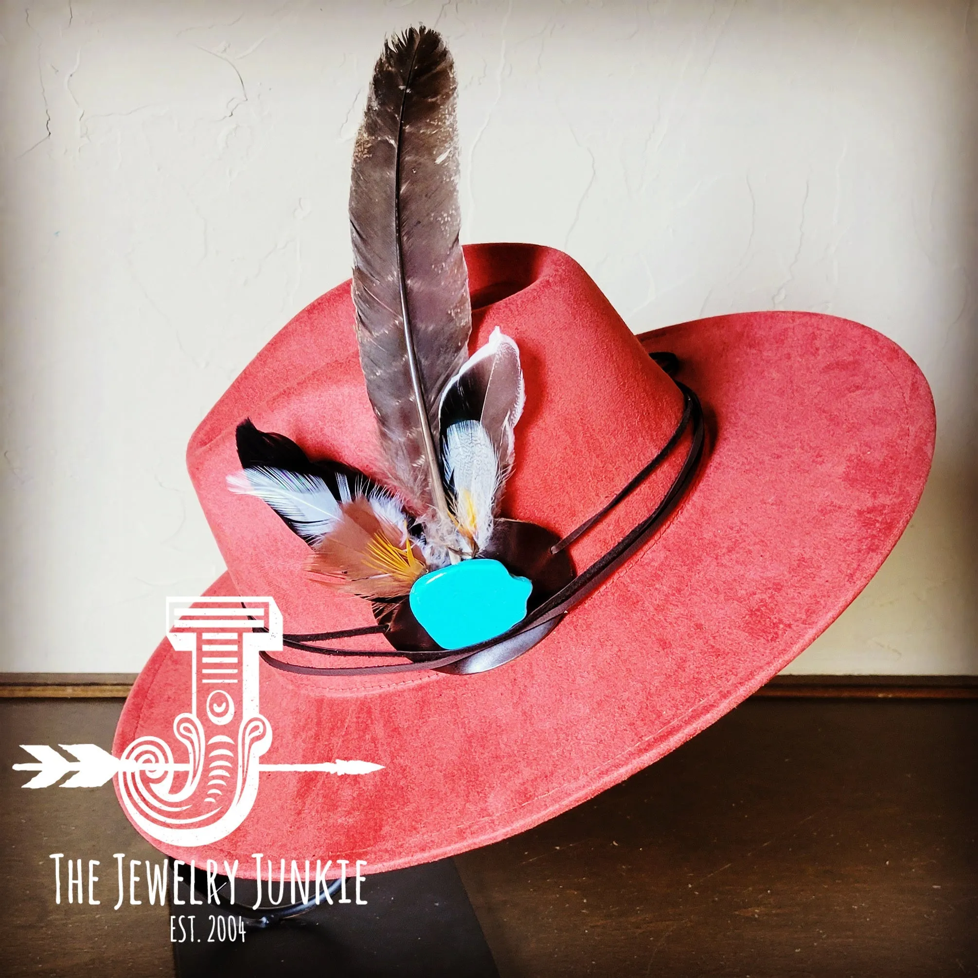 Turkey Feather & Turquoise Slab Hat Band   Choice of Hat 985z