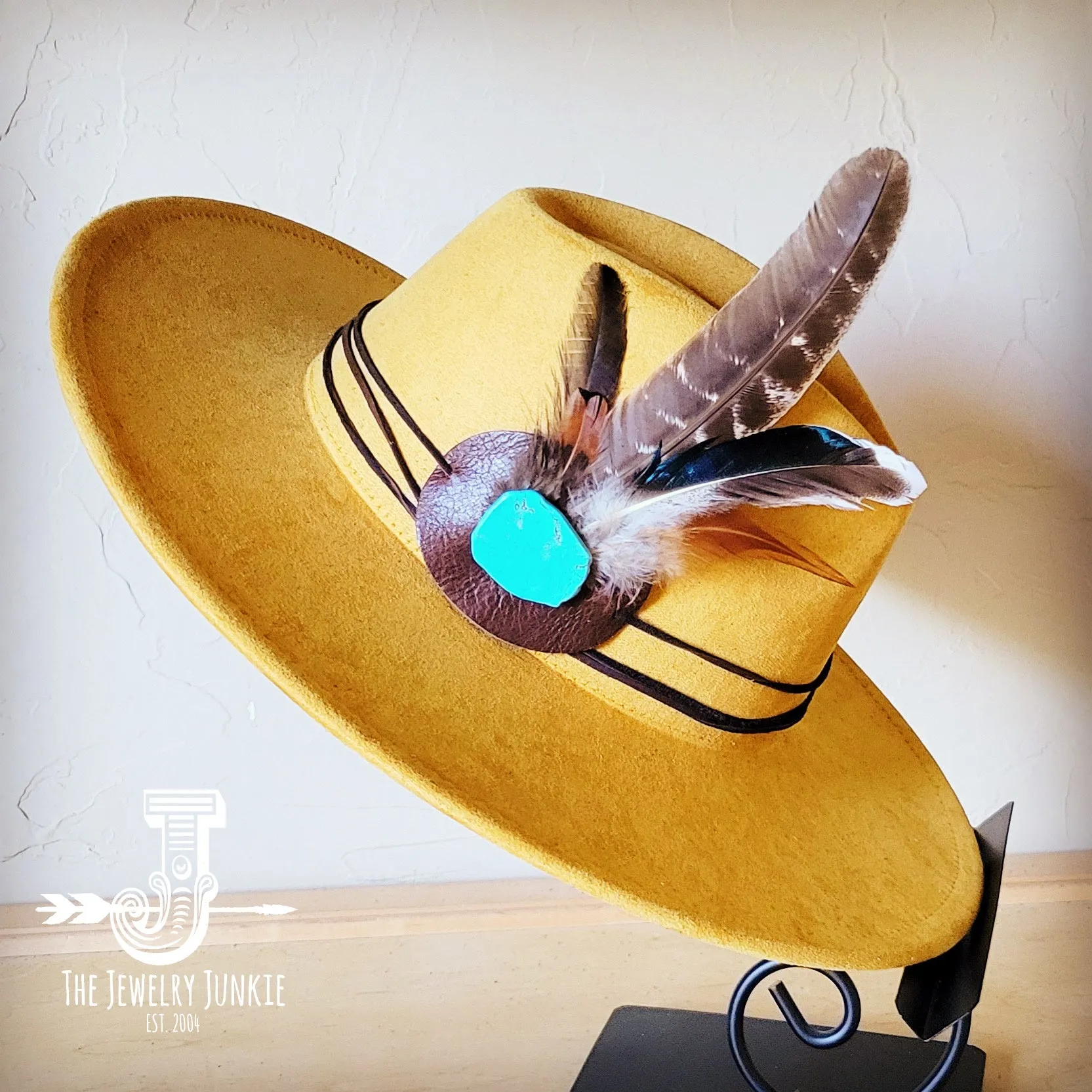 Turkey Feather & Turquoise Slab Hat Band   Choice of Hat 985z