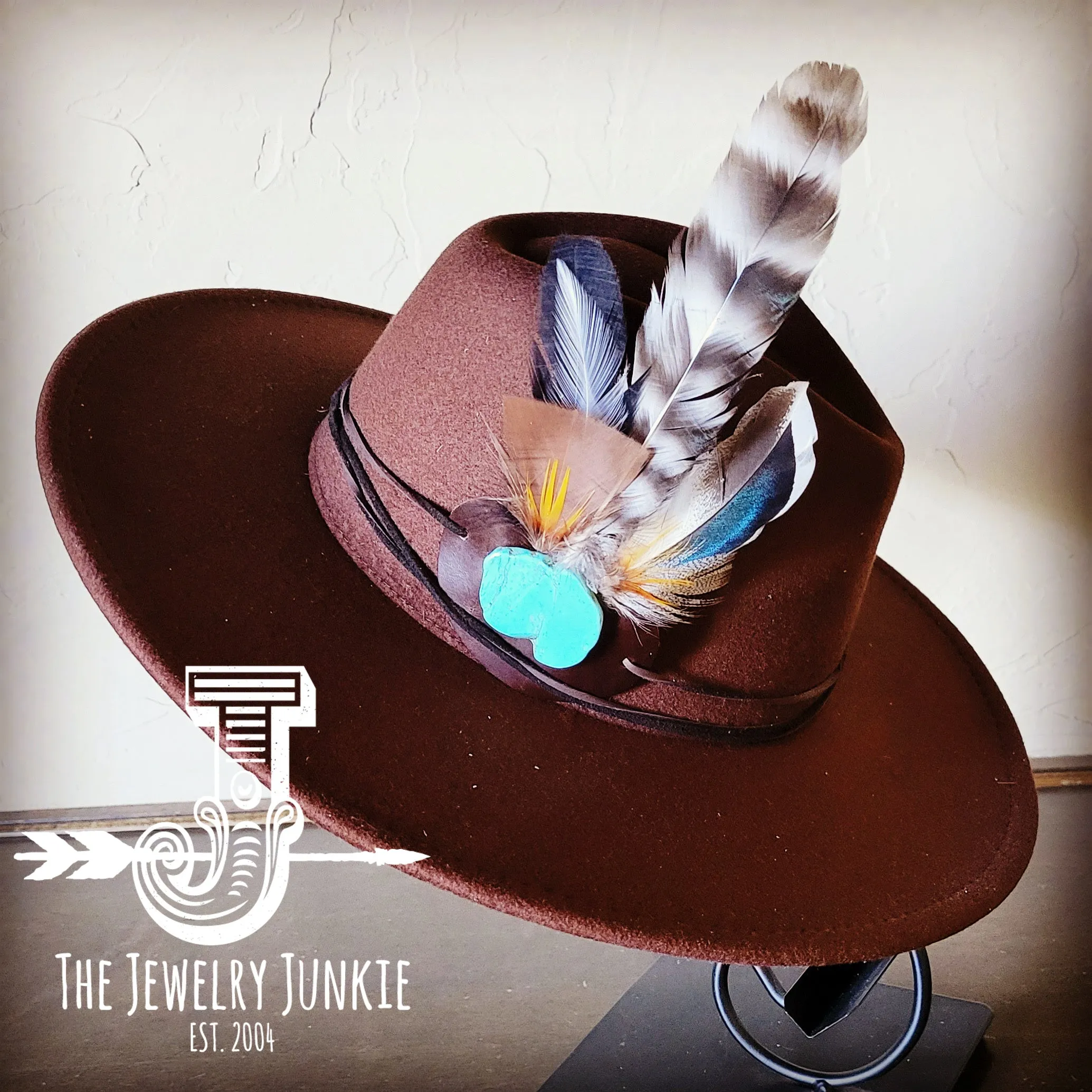 Turkey Feather & Turquoise Slab Hat Band   Choice of Hat 985z