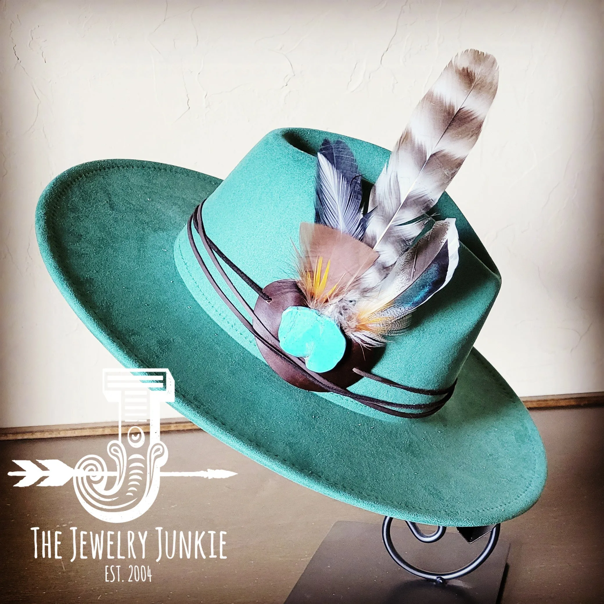 Turkey Feather & Turquoise Slab Hat Band   Choice of Hat 985z