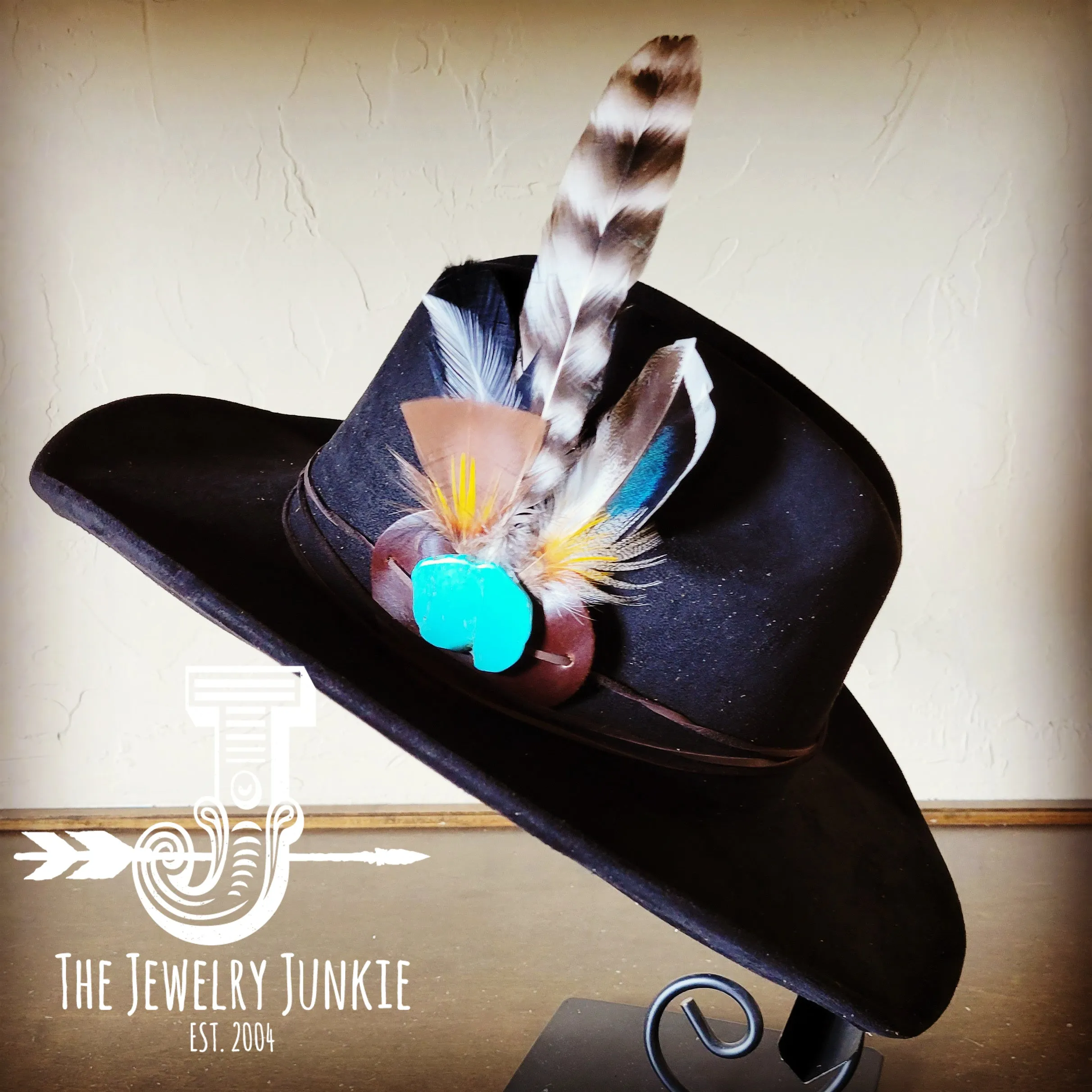Turkey Feather & Turquoise Slab Hat Band   Choice of Hat 985z