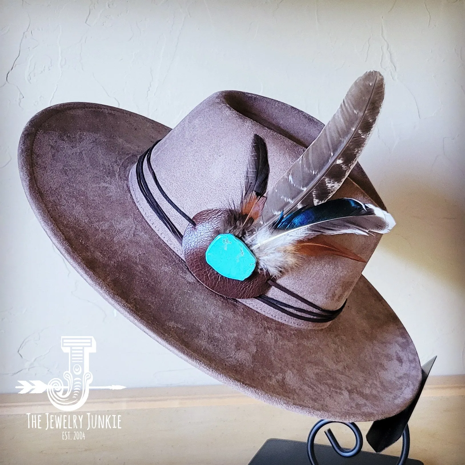 Turkey Feather & Turquoise Slab Hat Band   Choice of Hat 985z