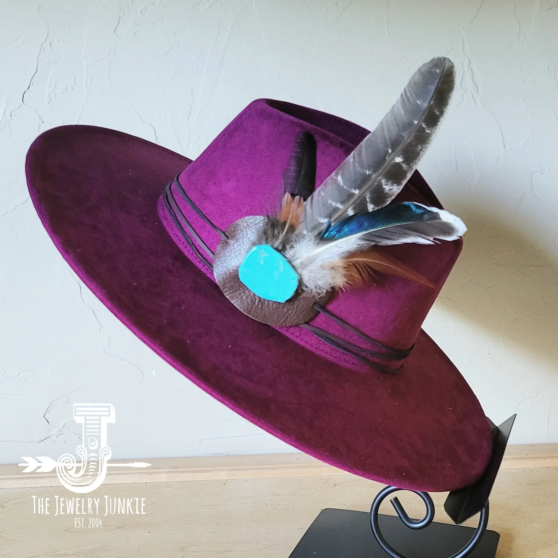 Turkey Feather & Turquoise Slab Hat Band   Choice of Hat 985z