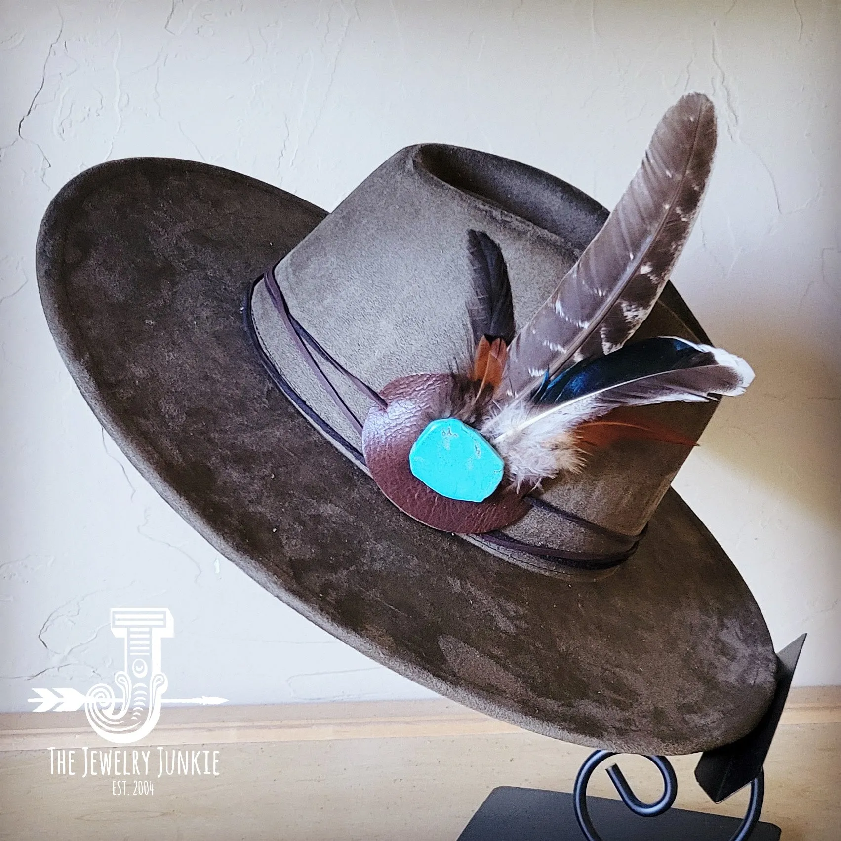 Turkey Feather & Turquoise Slab Hat Band   Choice of Hat 985z