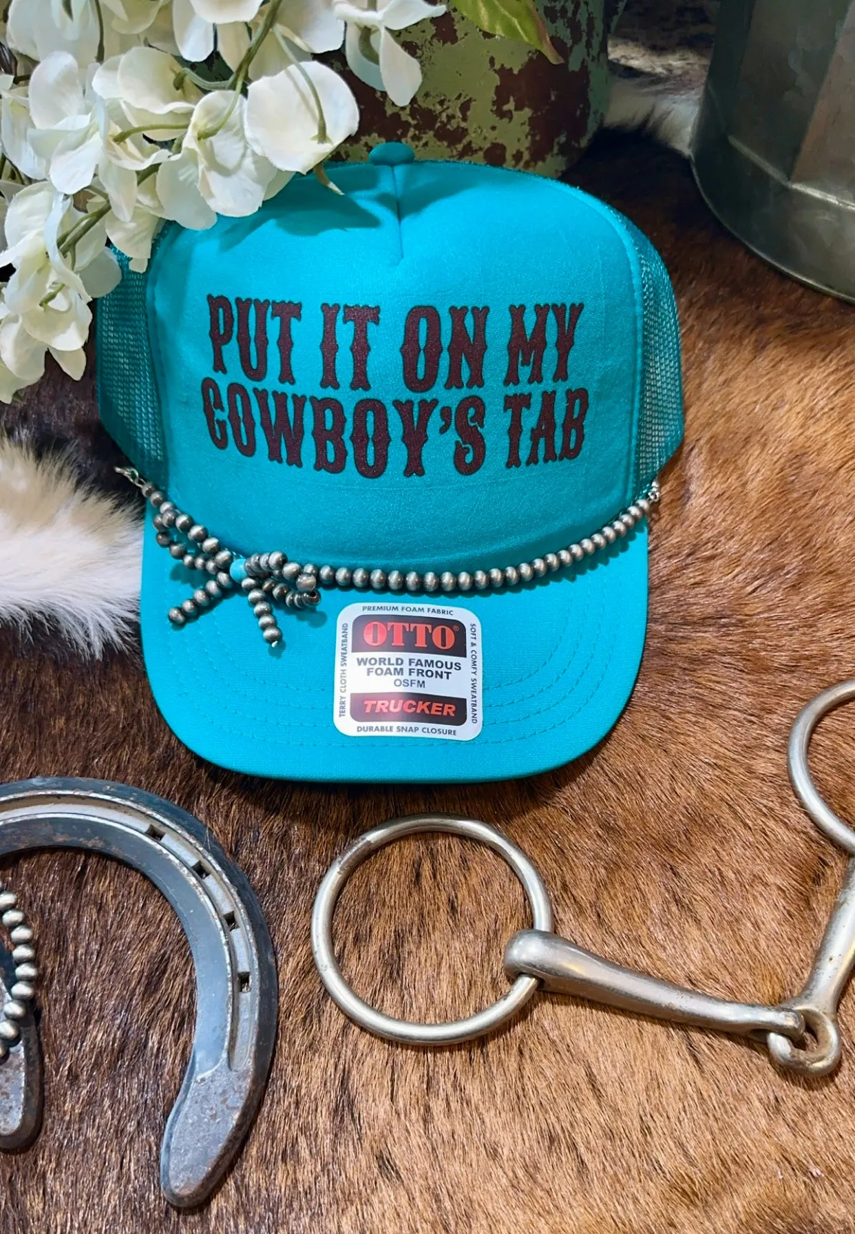 Turquoise and pearl bow trucker hat chain. (Hat not included)