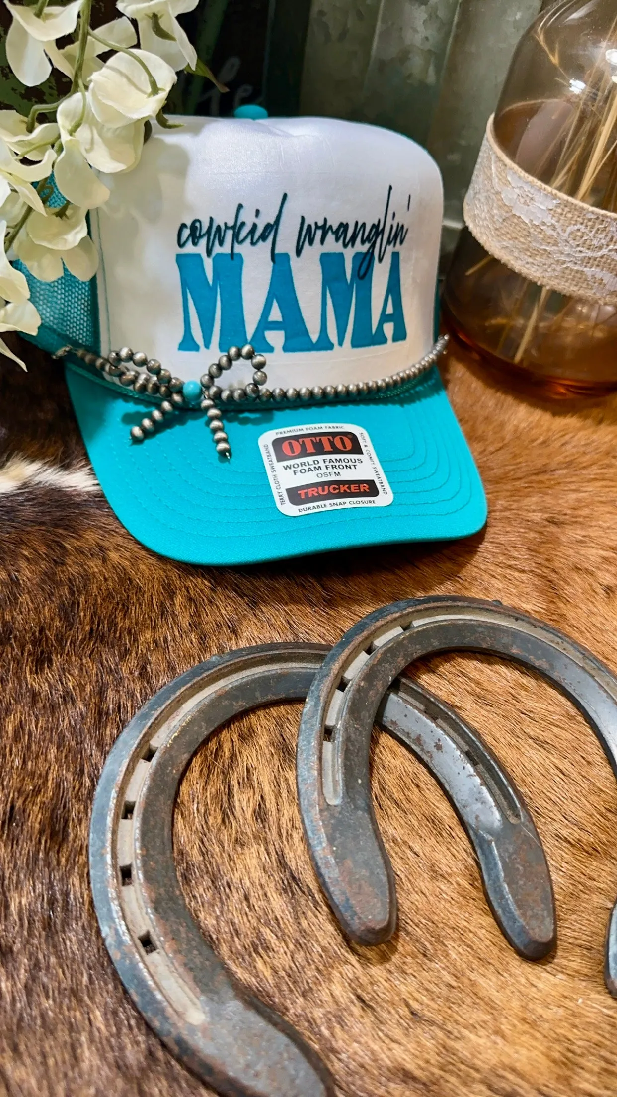 Turquoise and pearl bow trucker hat chain. (Hat not included)