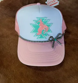 Turquoise and pearl bow trucker hat chain. (Hat not included)