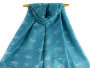 Turquoise Blue Elephant Charm Pashmina Scarf Bohemian Shawl
