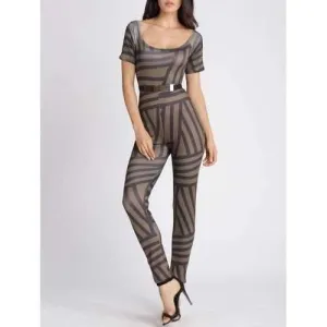 U Neck Abstract Stripe Bodycon Jumpsuit - Green Brown S