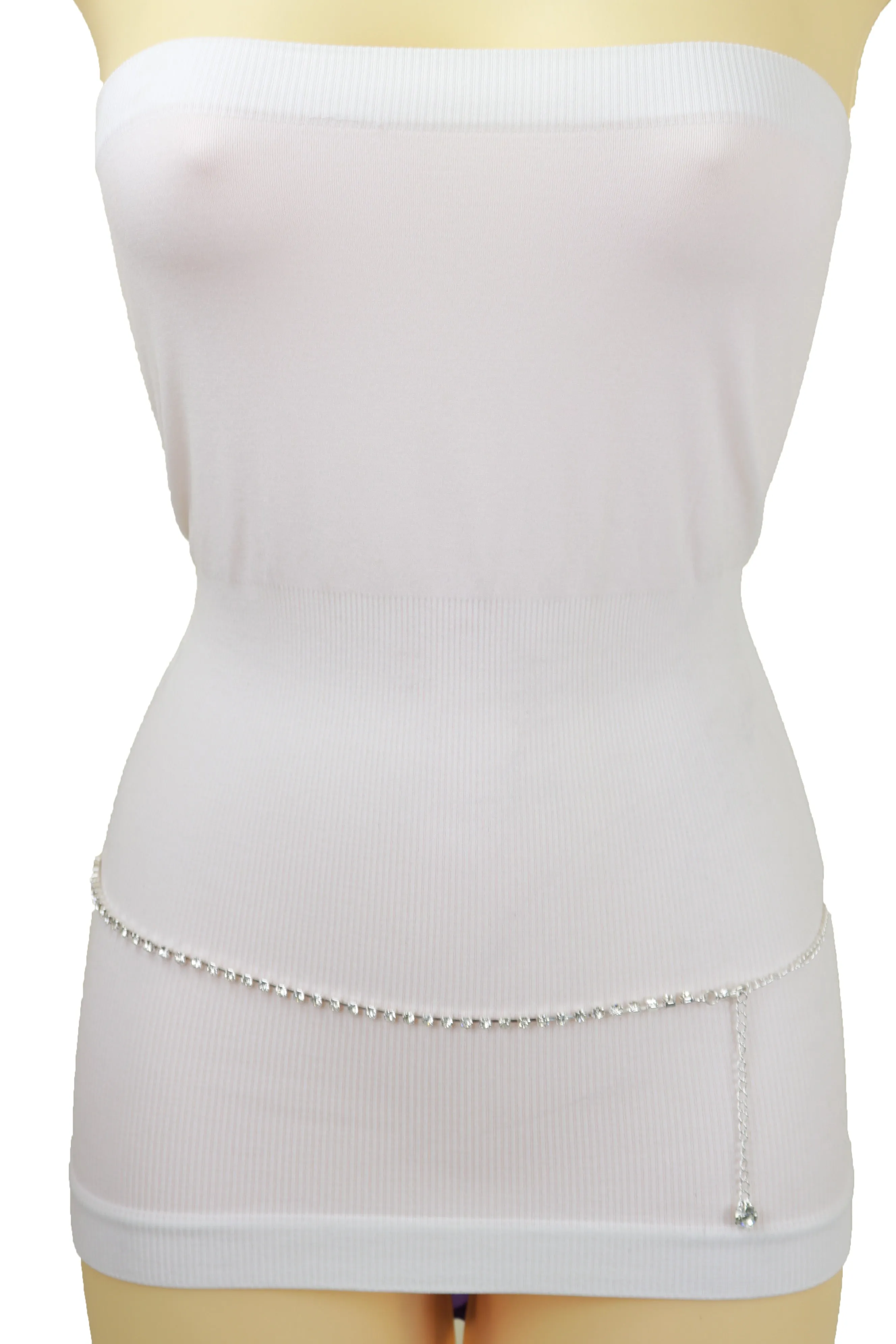 Ultra Skinny Rhinestones Belt Silver Metal Chain Fit Size XS S M