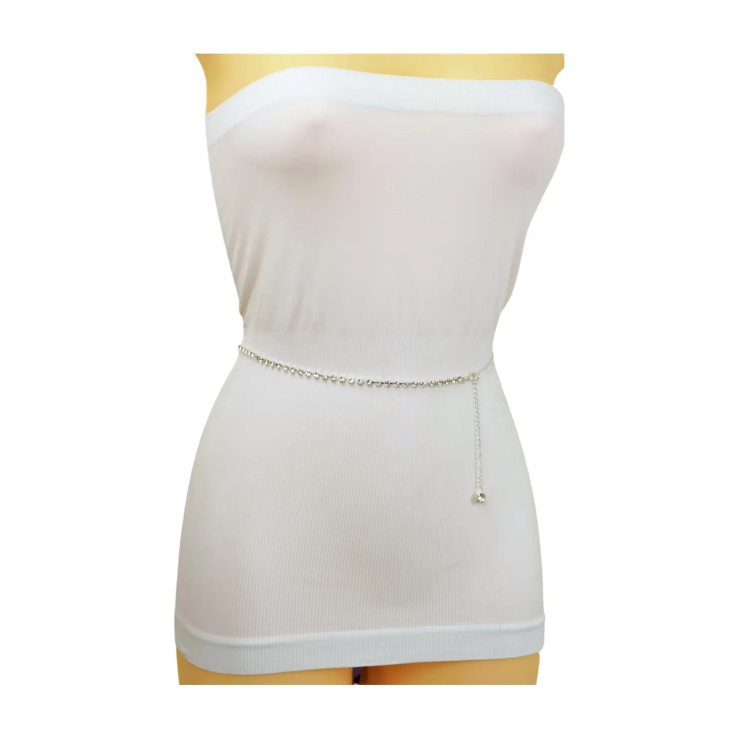 Ultra Skinny Rhinestones Belt Silver Metal Chain Fit Size XS S M