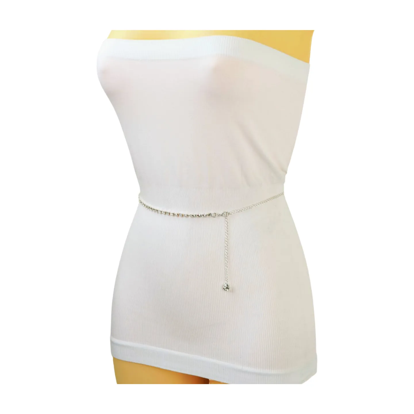 Ultra Skinny Rhinestones Belt Silver Metal Chain Fit Size XS S M