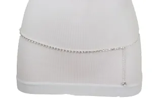 Ultra Skinny Rhinestones Belt Silver Metal Chain Fit Size XS S M