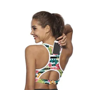 Ultrafun Women Running Sports Bra Back Pocket Padded Activewear Bra Tank Tops (Flower, Large)