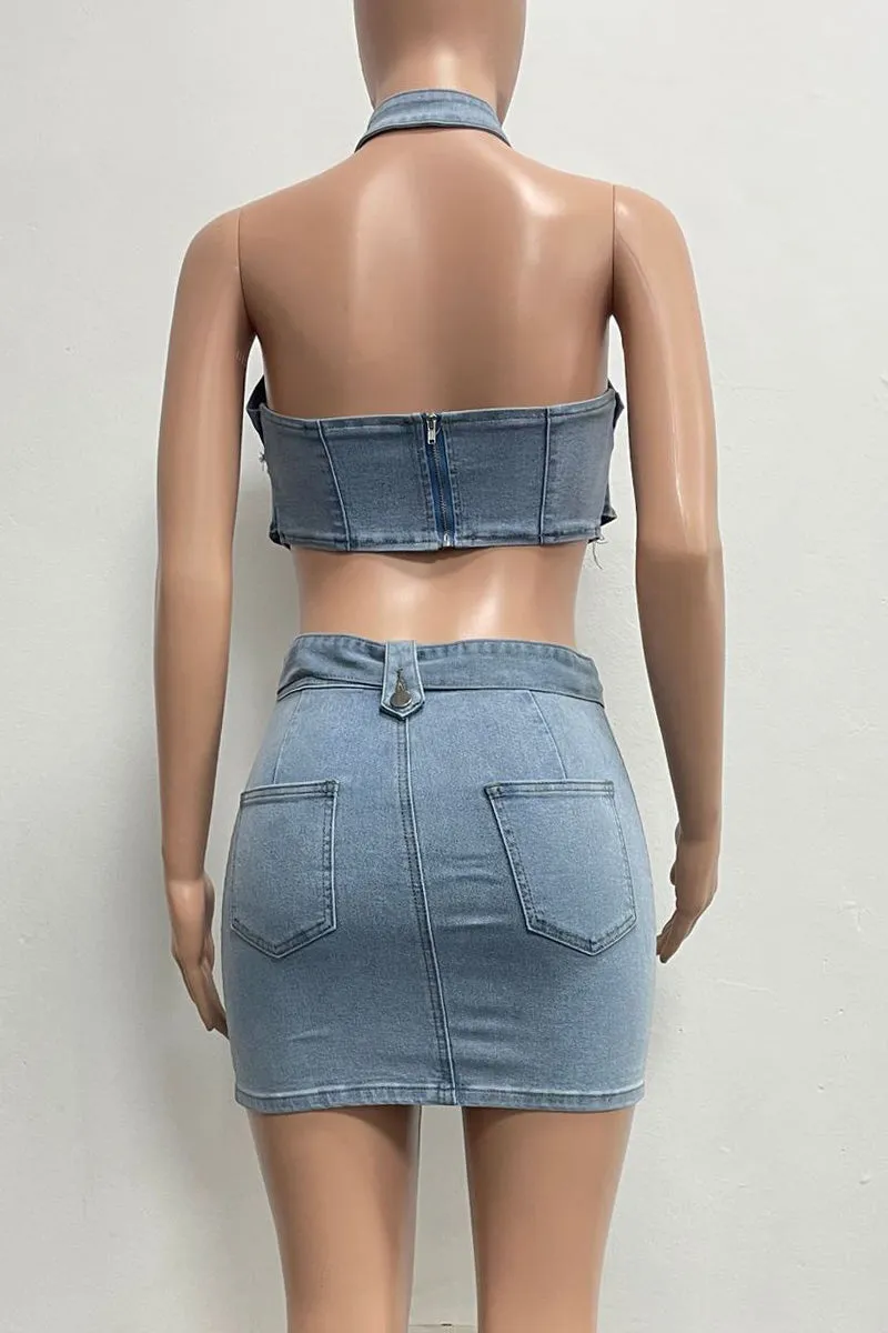 UN0231 Stretch Denim Skirt Set