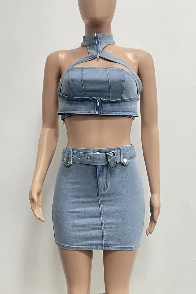 UN0231 Stretch Denim Skirt Set