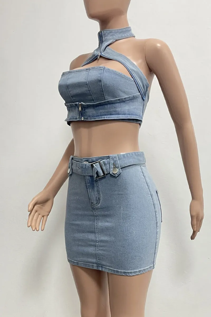 UN0231 Stretch Denim Skirt Set