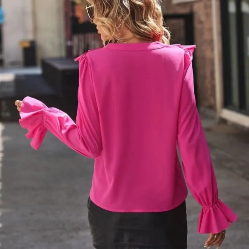 V-Neck Ruffle Flared Sleeve Elegant Shirt