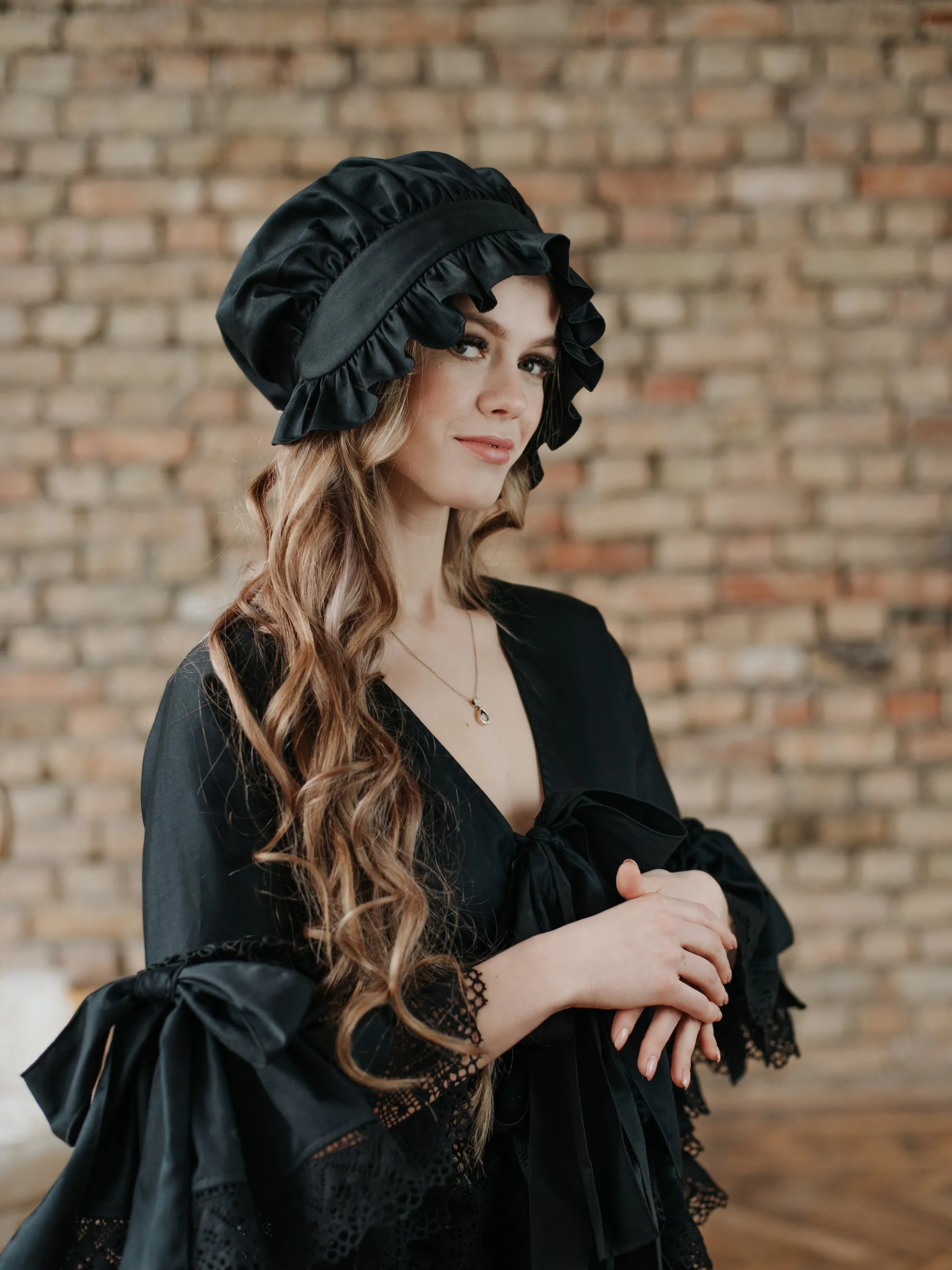 Victorian Night Ruffled Mob Cap in Black Cotton