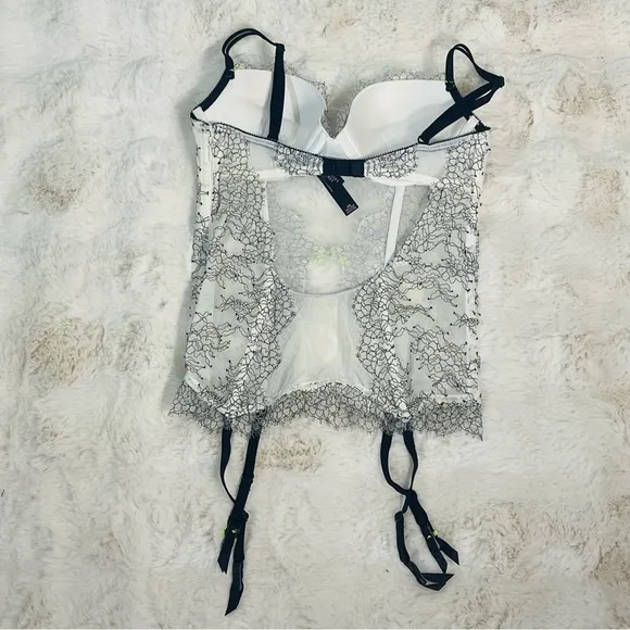 Victoria’s Secret Y2K White Black Floral Lace Push Up Bustier Corset Neon  36B