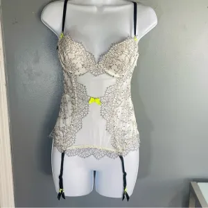 Victoria’s Secret Y2K White Black Floral Lace Push Up Bustier Corset Neon  36B