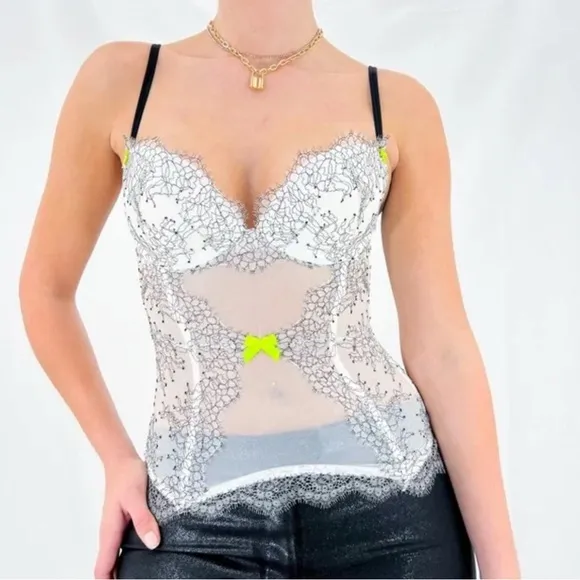 Victoria’s Secret Y2K White Black Floral Lace Push Up Bustier Corset Neon  36B