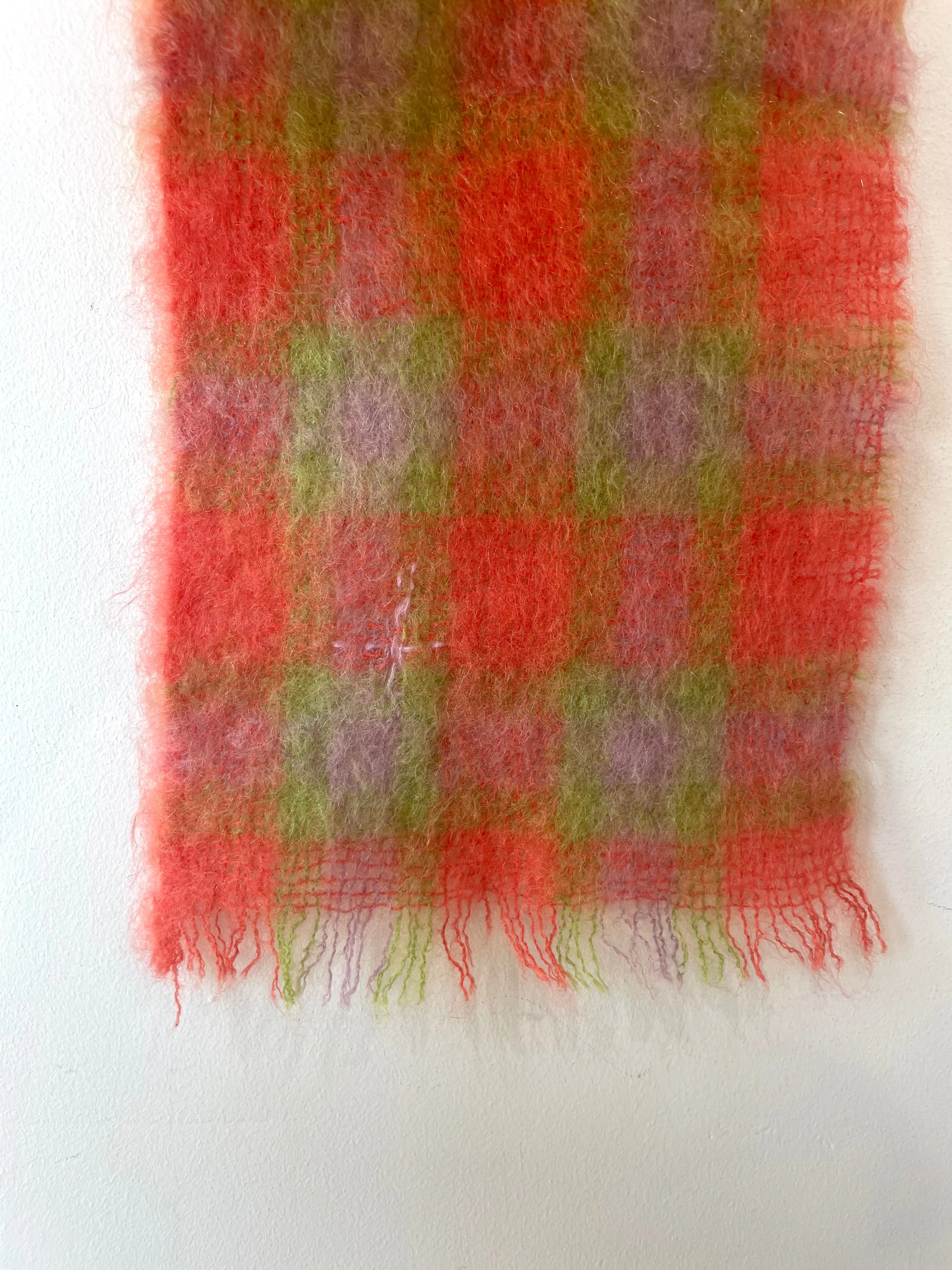 Vintage Hand Acraft Orange Green Check Mohair Scarf