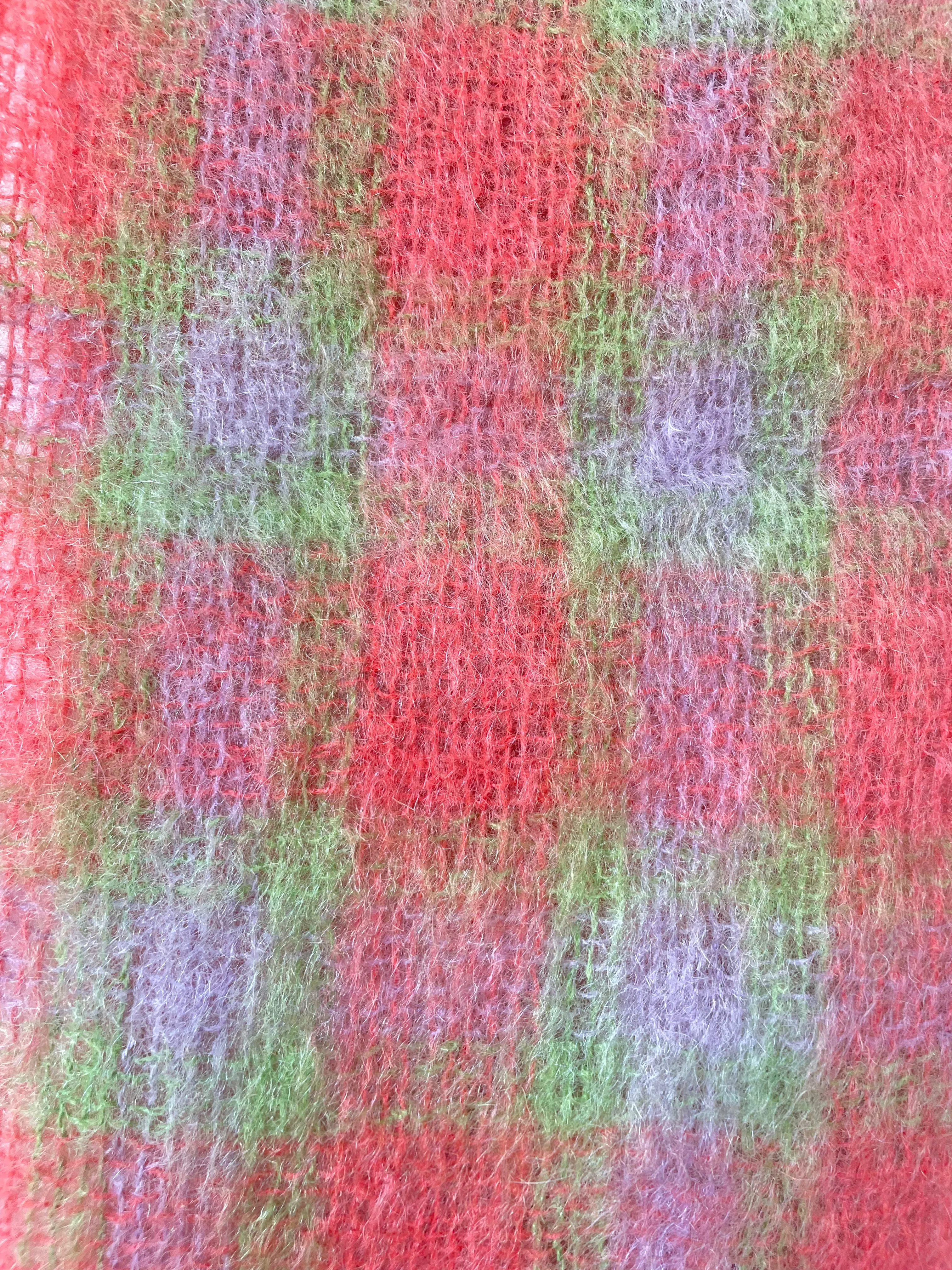 Vintage Hand Acraft Orange Green Check Mohair Scarf