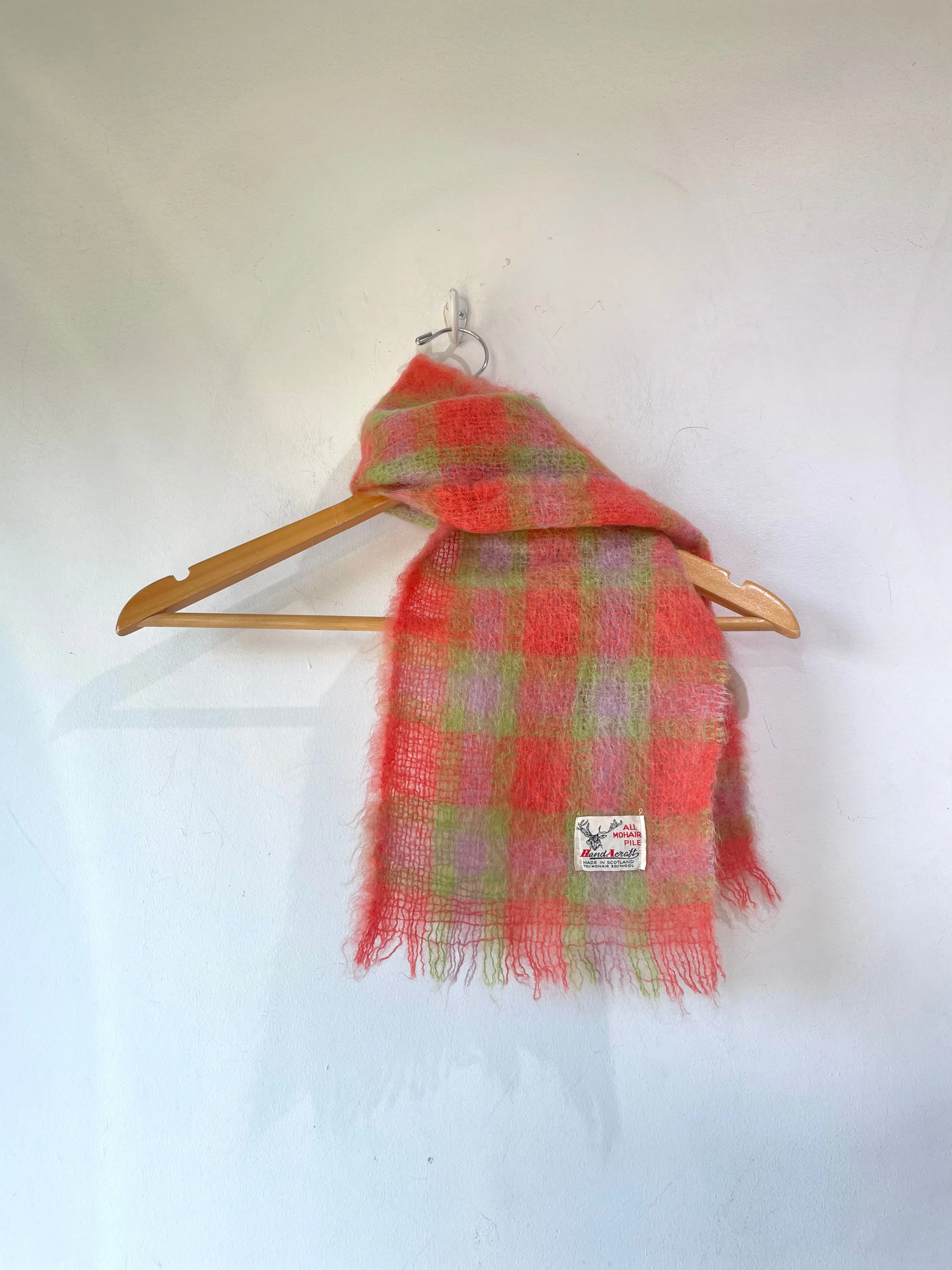Vintage Hand Acraft Orange Green Check Mohair Scarf