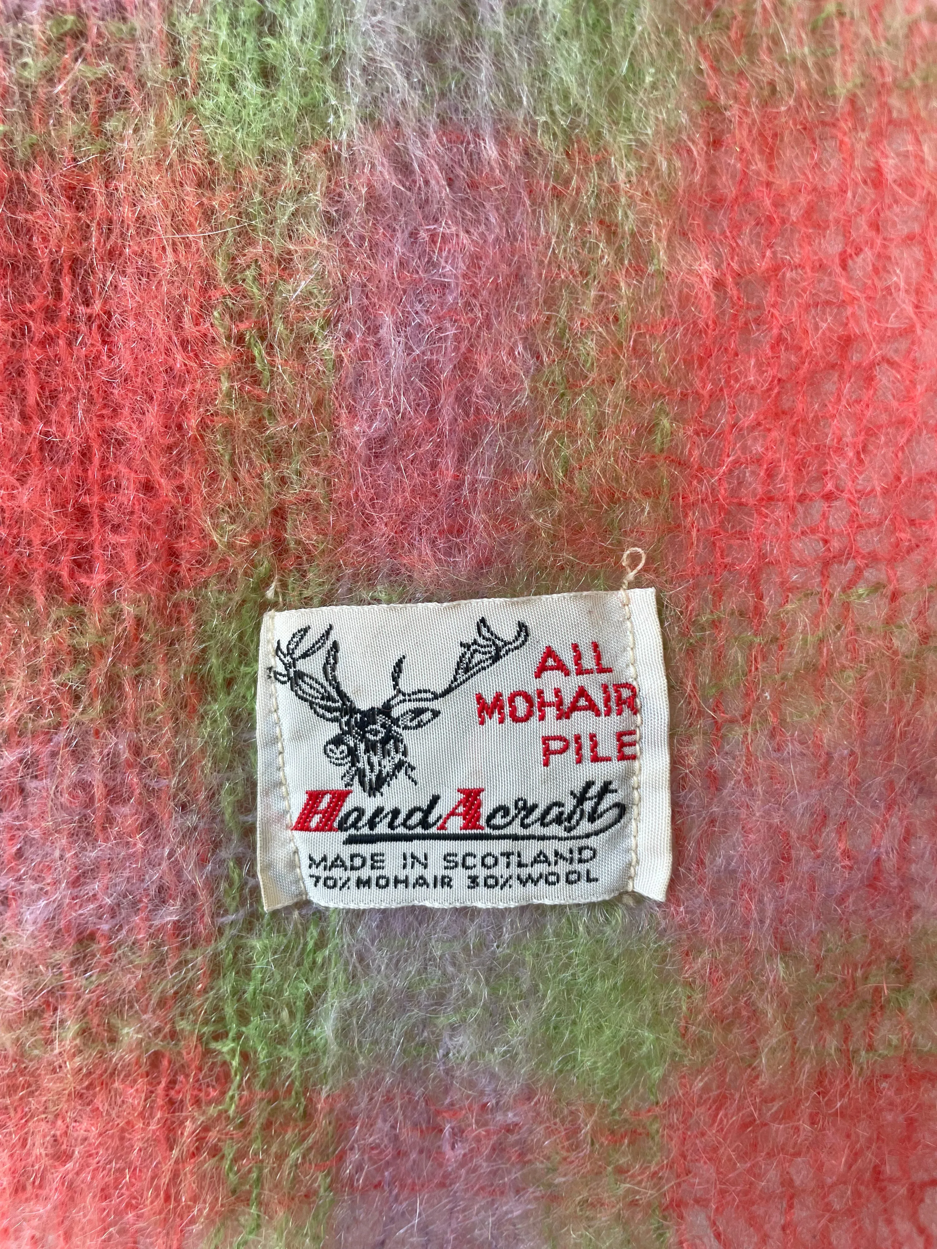 Vintage Hand Acraft Orange Green Check Mohair Scarf