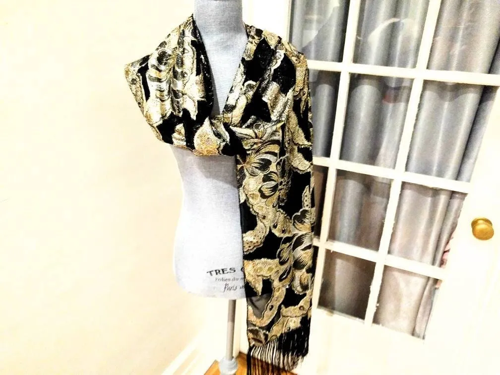 Vintage Holt Renfrew Designer Fringed Long Scarf – Black, Silver & Gold, Elegant Italian-Made Foulard, 70” x 20.5”, Timeless Statement Piece