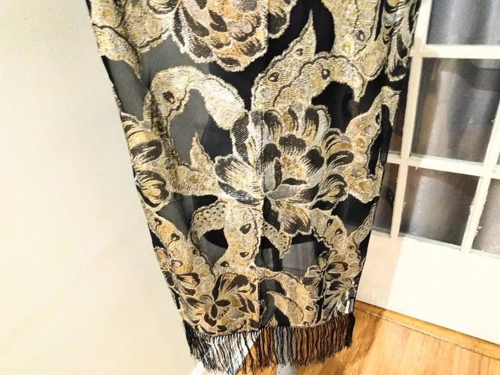 Vintage Holt Renfrew Designer Fringed Long Scarf – Black, Silver & Gold, Elegant Italian-Made Foulard, 70” x 20.5”, Timeless Statement Piece