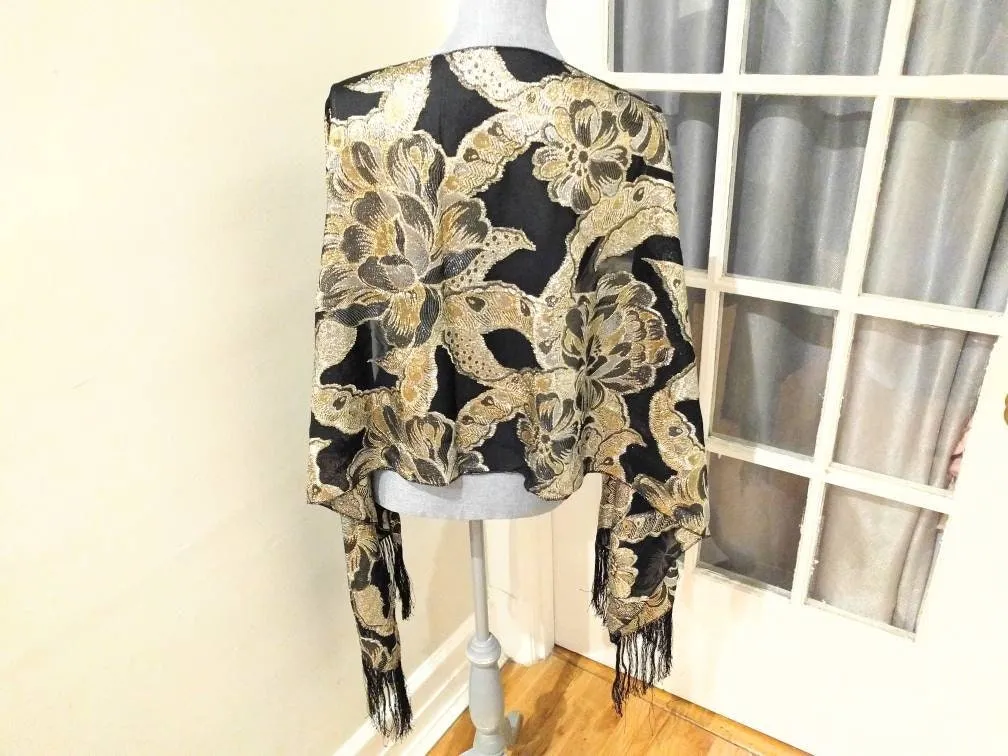 Vintage Holt Renfrew Designer Fringed Long Scarf – Black, Silver & Gold, Elegant Italian-Made Foulard, 70” x 20.5”, Timeless Statement Piece