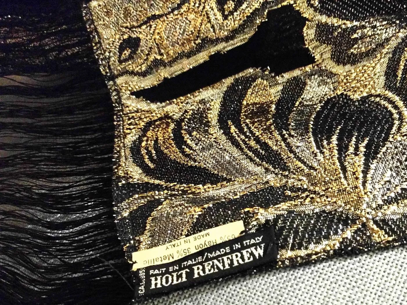 Vintage Holt Renfrew Designer Fringed Long Scarf – Black, Silver & Gold, Elegant Italian-Made Foulard, 70” x 20.5”, Timeless Statement Piece