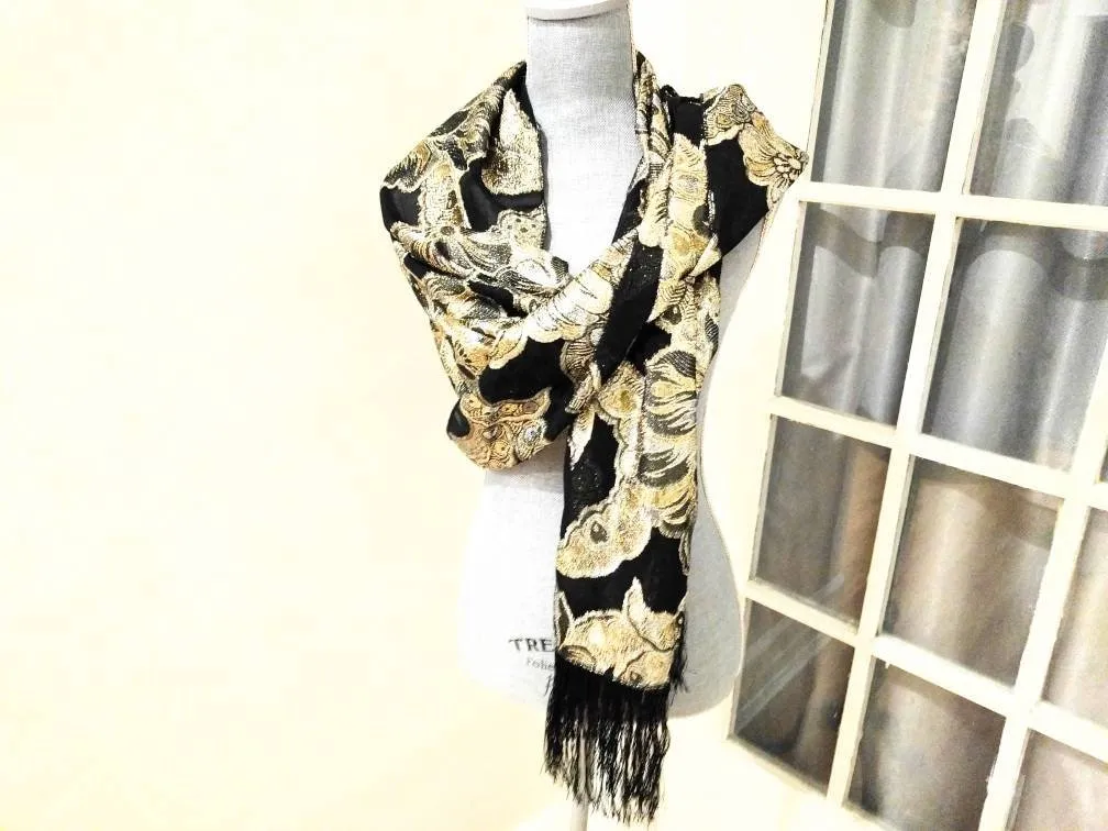 Vintage Holt Renfrew Designer Fringed Long Scarf – Black, Silver & Gold, Elegant Italian-Made Foulard, 70” x 20.5”, Timeless Statement Piece