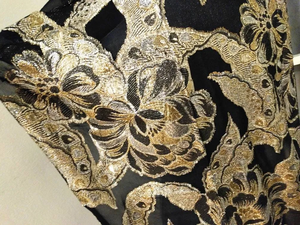 Vintage Holt Renfrew Designer Fringed Long Scarf – Black, Silver & Gold, Elegant Italian-Made Foulard, 70” x 20.5”, Timeless Statement Piece